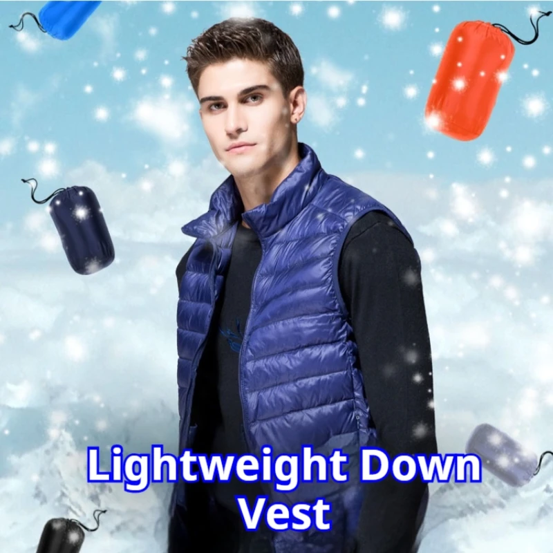 

2024 Winter Sleeveless Puffer Vest Jacket Men Packable White Duck Down Waistcoat Lightweight Waterproof Casual Man Coat