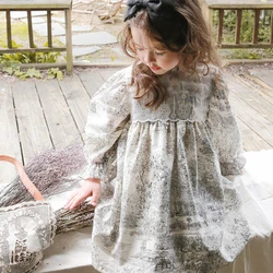 Children's Clothing Girls' Long Sleeved Dress 2024 Autumn New Children's Landscape Painting Lace Patchwork Princess Dresses