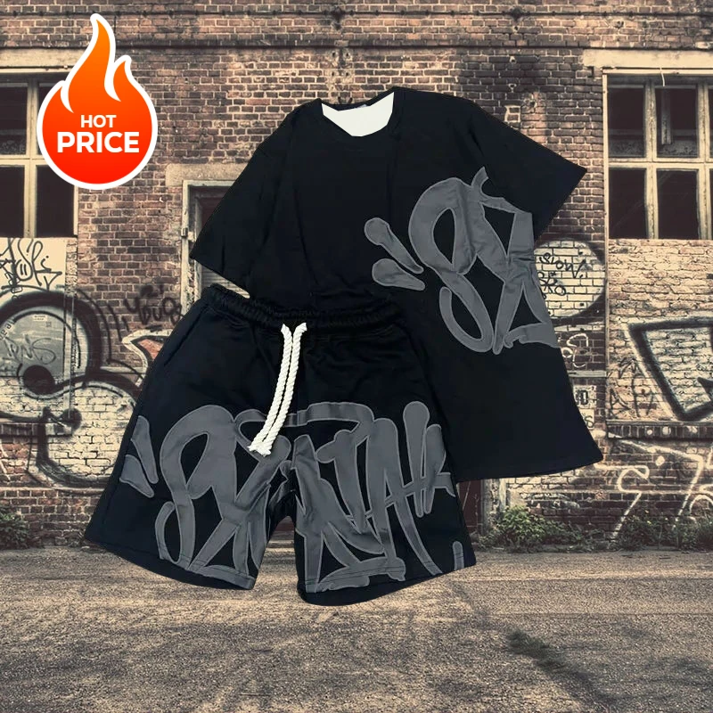 

2025 Motorcycle Quick Drying American Men's Suit Oversize Men's T-shirt Shorts Fashion Printing Casual Sports Round Moto