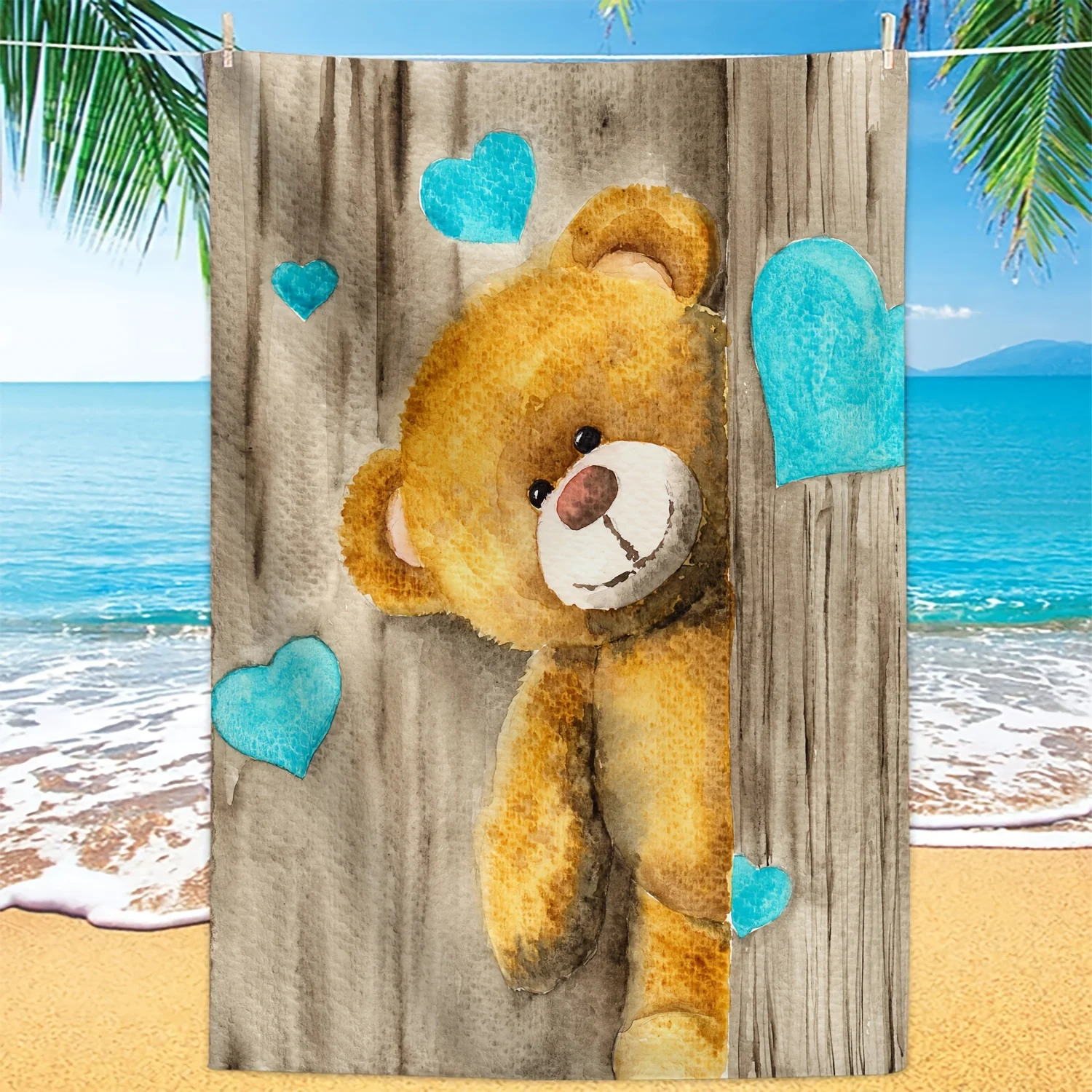 1PC Bear & Hearts Pattern Beach Towel, Modern Microfiber Large Bath Towel, Soft Quick-Dry Absorbent for Summer Seaside Vacation