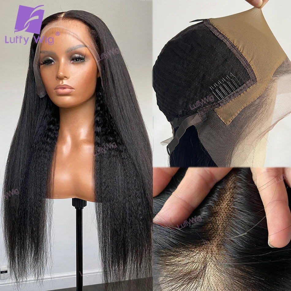 

Yaki Straight 13x6 Lace Front Wig With Fake Scalp Pre Plucked Brazilian Remy Human Hair Wigs 180Density Glueless For Black Women