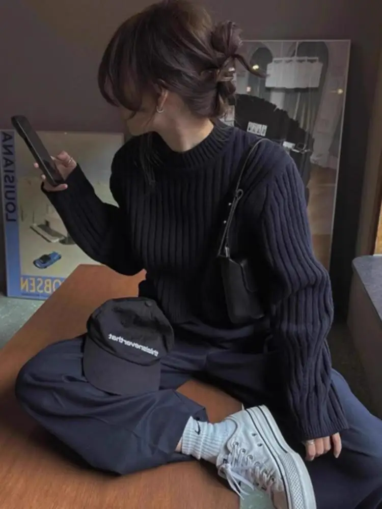 Retro Hong Kong Style Women's Black Knitted Sweater Autumn Winter Fashion Inner Wear Base Shirt Top High Quality Knitwear