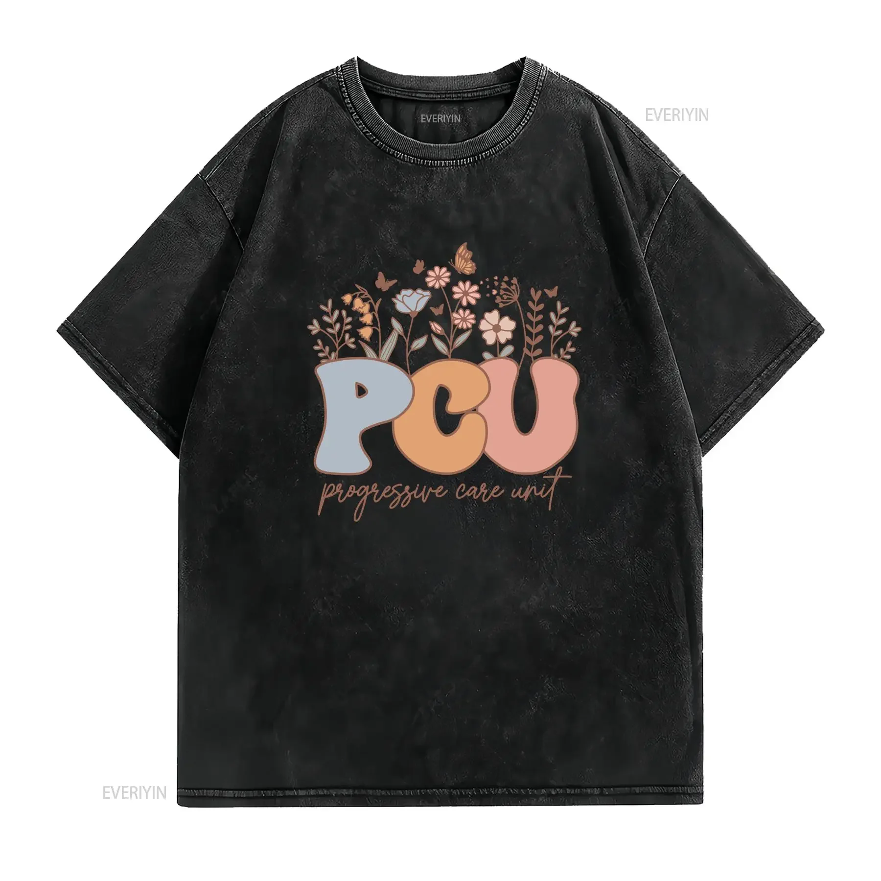 Retro Boho PCU Nurse Floral Print Progressive Care Unit Casual T Shirt vintage Washed graphic Comfortable fashion Slightly