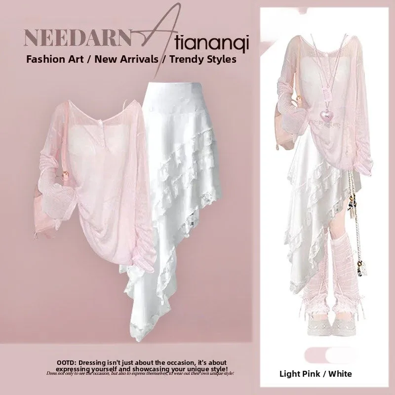 

Элегантный комплект из трех предметов: кружевная накидка, женская рубашка для защиты от солнца и юбка с завышенной талией на бретельках для весны и лета