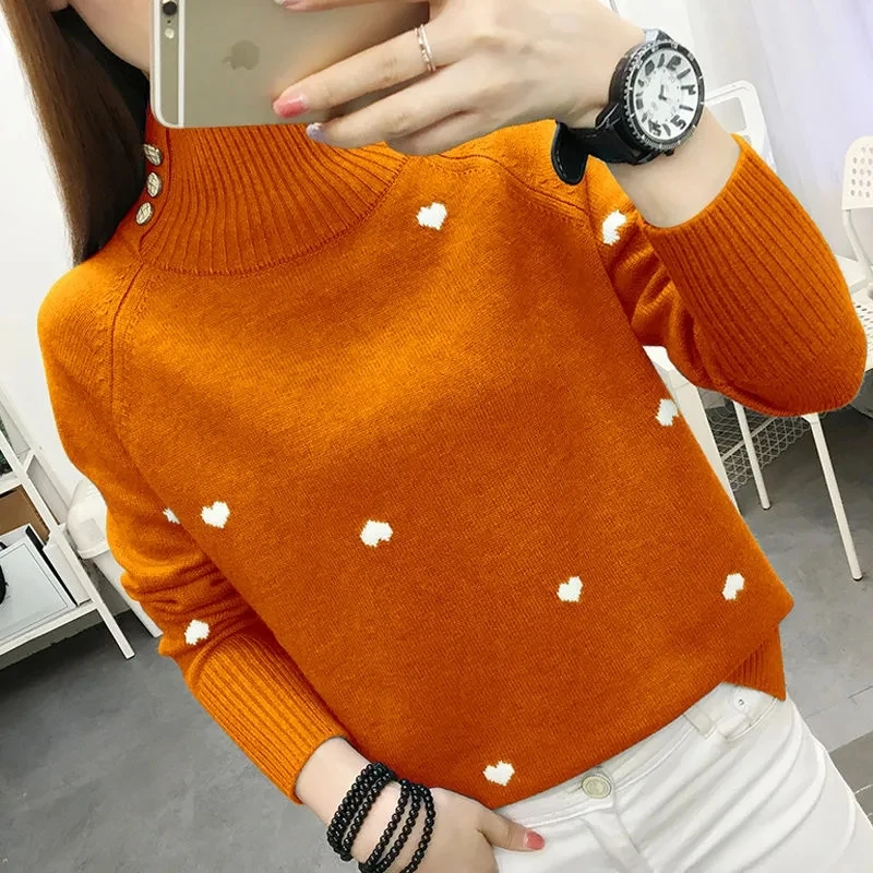 Sweater Women's Autumn Winter New Coat Semi-High Neck T-Shirt Pullover Sweater Top Jacquard Bottoming Shirt Lady Loose Blouse