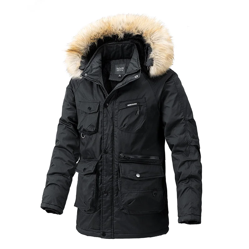 Herren gepolsterte Kleidung Herbst Winter neue Mode warm verdickte Outdoor-Kapuze Pelz kragen Trenchcoat Herren mittellange Jacke