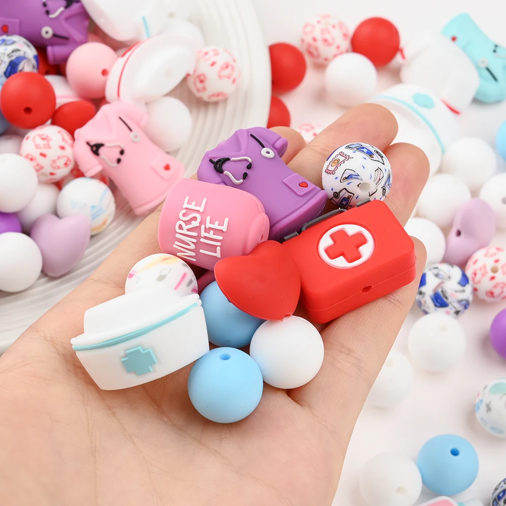 30/38Pcs Silicone Bead Set Nurse Themed Silicone Bead Multi-purpose Focus Beads for Pacifier Chains Keychain and Bracelet Making