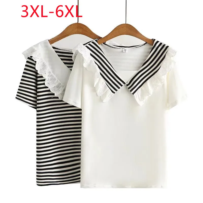 

Large Womens 2022 summer new fashion stripe baby neck short sleeve Plus Size T-shirt 3XL 4XL 5XL 6xl