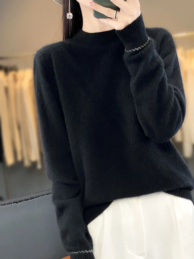 100% Merinowolle Frauen Pullover Langarm Mock-Neck Kaschmir Pullover Herbst Winter warme weibliche Kleidung Basic elegante Tops