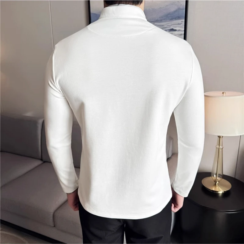 Half-high Collar Spring and Autumn Base Layer Shirt, Double-layer Collar, 53% Cotton, Moisture-wicking T-shirt for Men Stretch