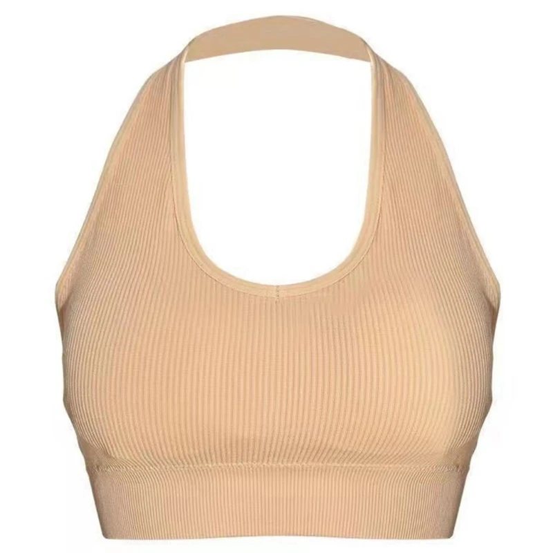 Womens Ribbed Knit Halter Backless Crop Top Solid Color Bodycon Sports Bralette