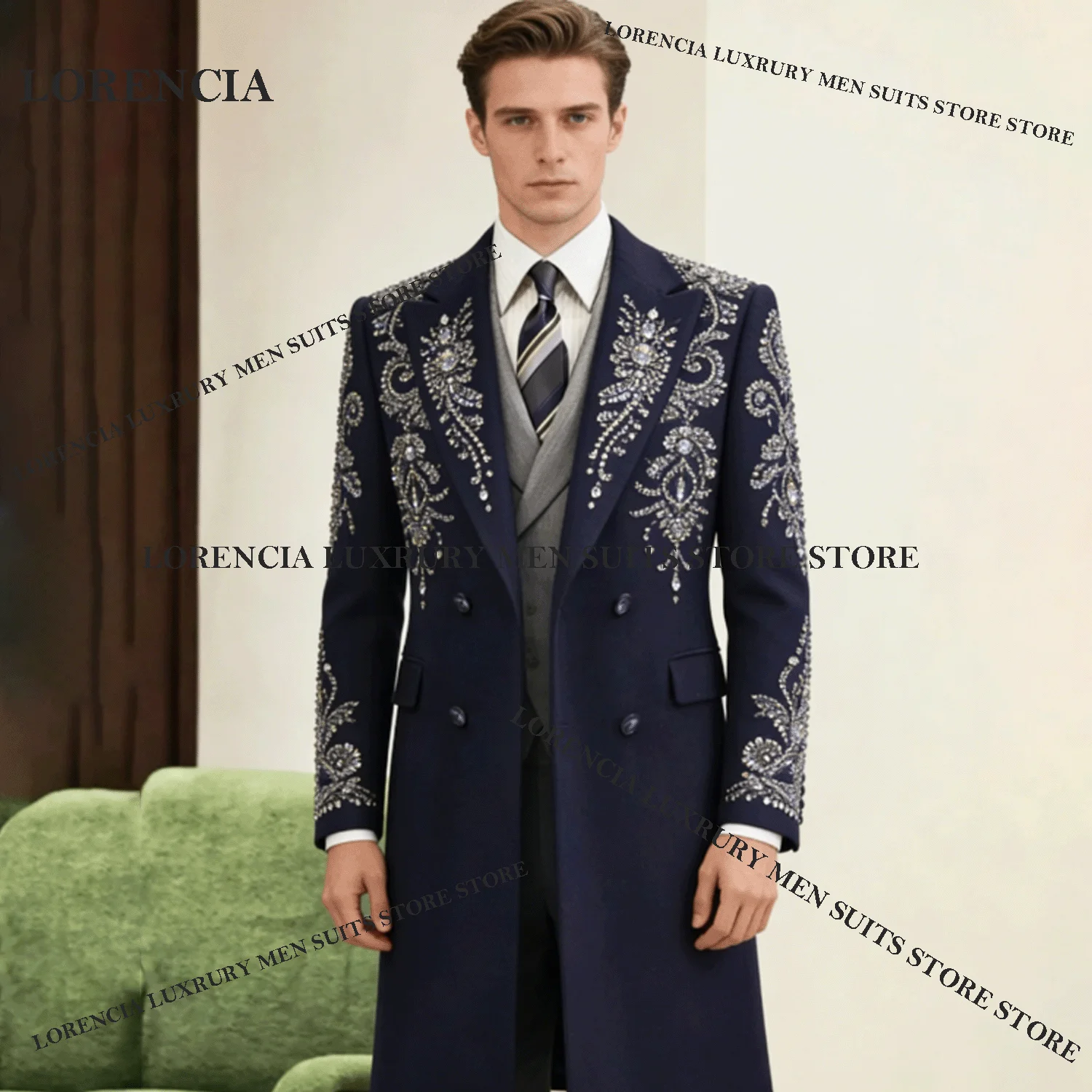 Customized Long Coat Men Suits Sparkly Rhinestone Crystal 2 Pieces Groom Male Blazers Ropa hombre Intricate Slim Wedding Tuxedos