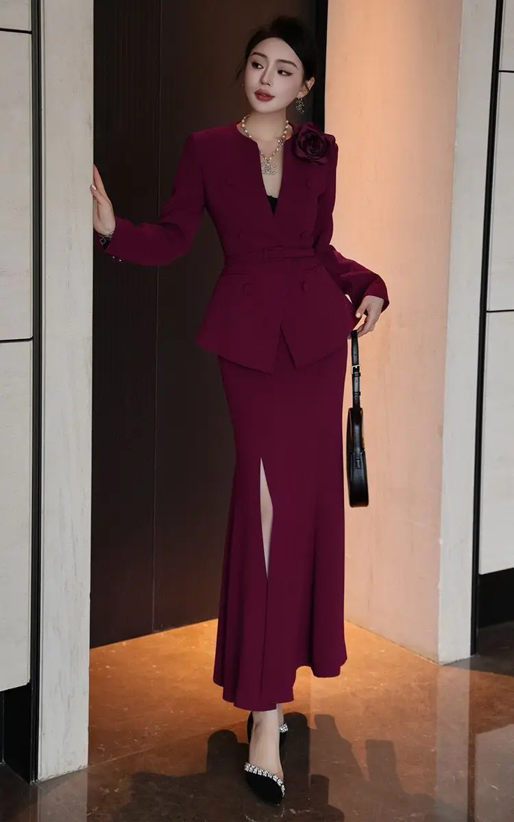 Fashion Women\'s Set for Spring and Summer Korean Version Waist Cinching Slimming Jacket Fishtail Skirt Socialite Two-piece Set