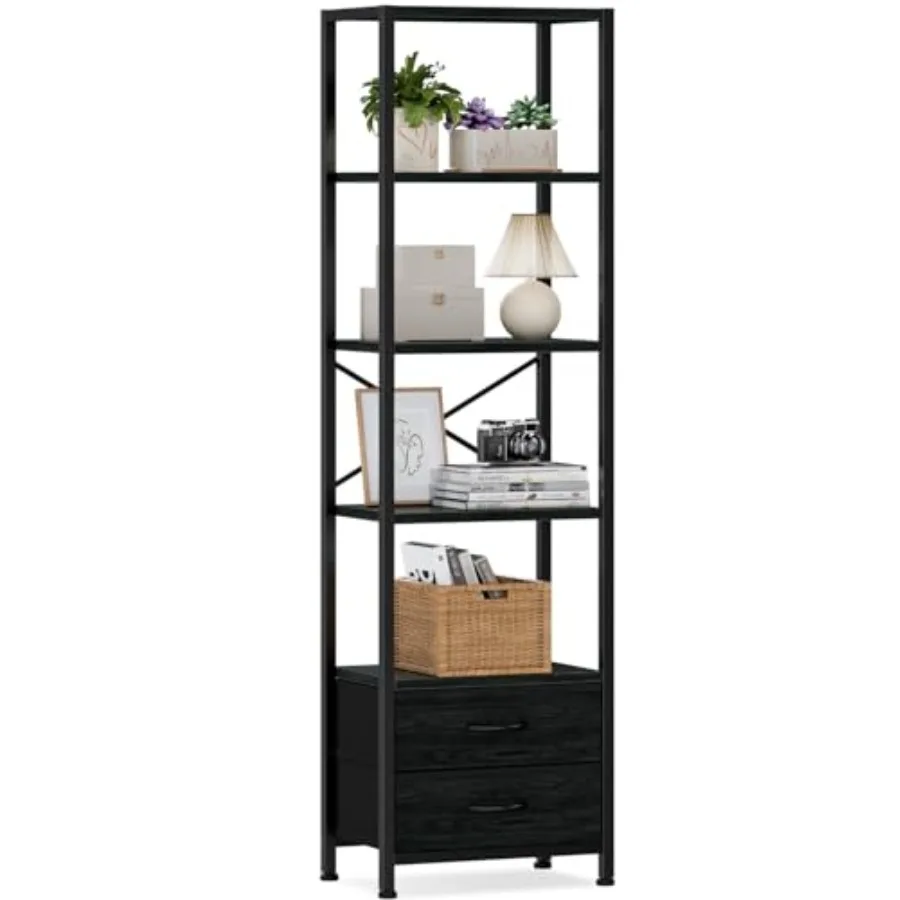 

5-Tier Corner Shelf for Living Room Bedroom: Metal Frame Wood Display Shelf in Black Oak 65.16 Tall with 2 Drawers Narrow Desig
