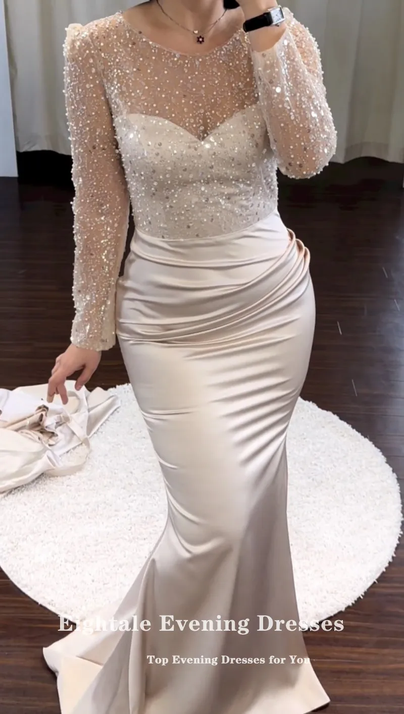 Eightale Luxury Evening Dresses for Women 2023 with Detachable Skirt Shiny Champagne Long Sleeves Satin Mermaid Party Prom Gown