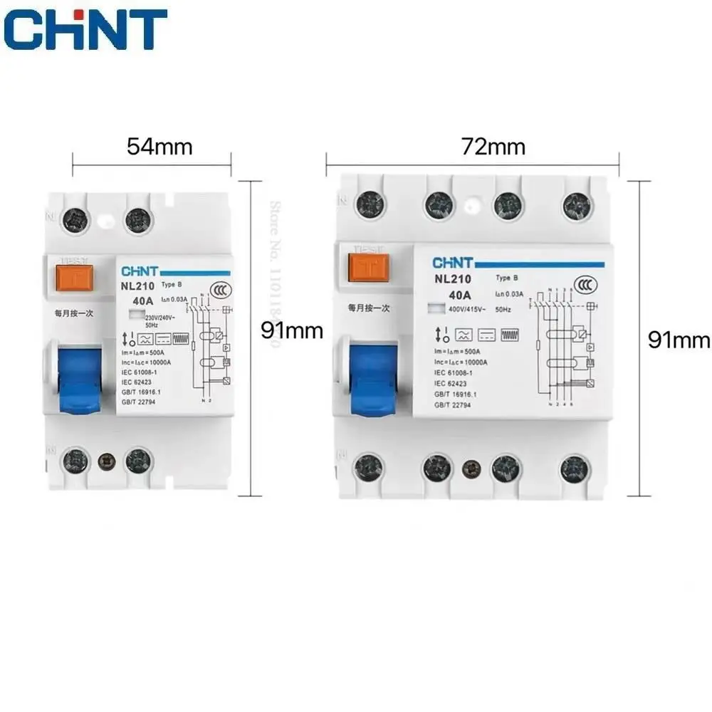 CHINT NL210 Type B RCCB 3P+N 4P 2P 1P+N 63A 40A 25A 30MA Electric Leakage Breaker Residual Current Protection For EV charging