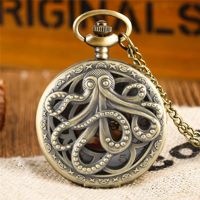 

Vintage Bronze Hollow Octopus Cover Arabic Number Quartz Pocket Watch for Men Women Necklace Sweater Chain Antique Timepiece