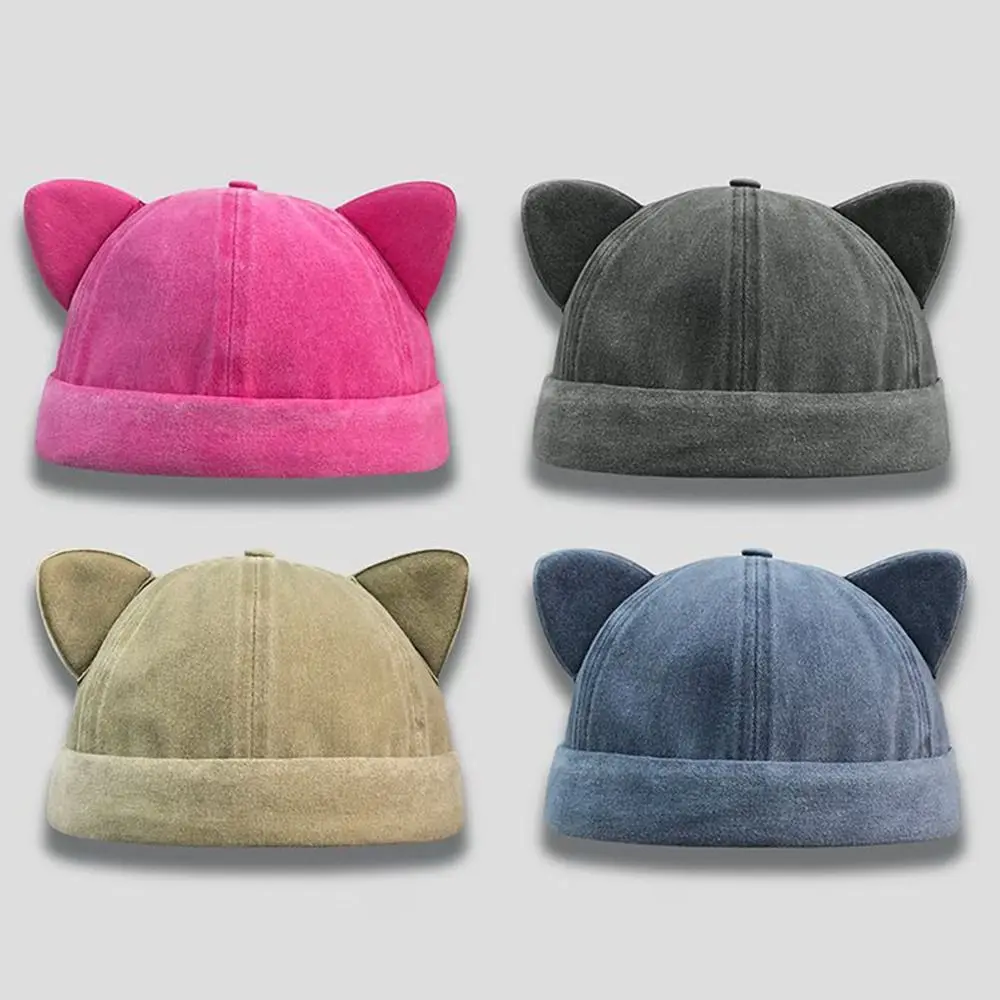 

Foldable Cute Cat Ears Brimless Hat Sweet Washed Old Bucket Cap Breathable Adjustable Solid Color Beanie Hat Unisex