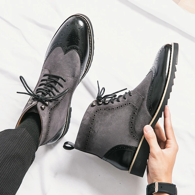 Men Dress Boots Classic Brogue Wingtip Lace-up High Ankle Business Boots