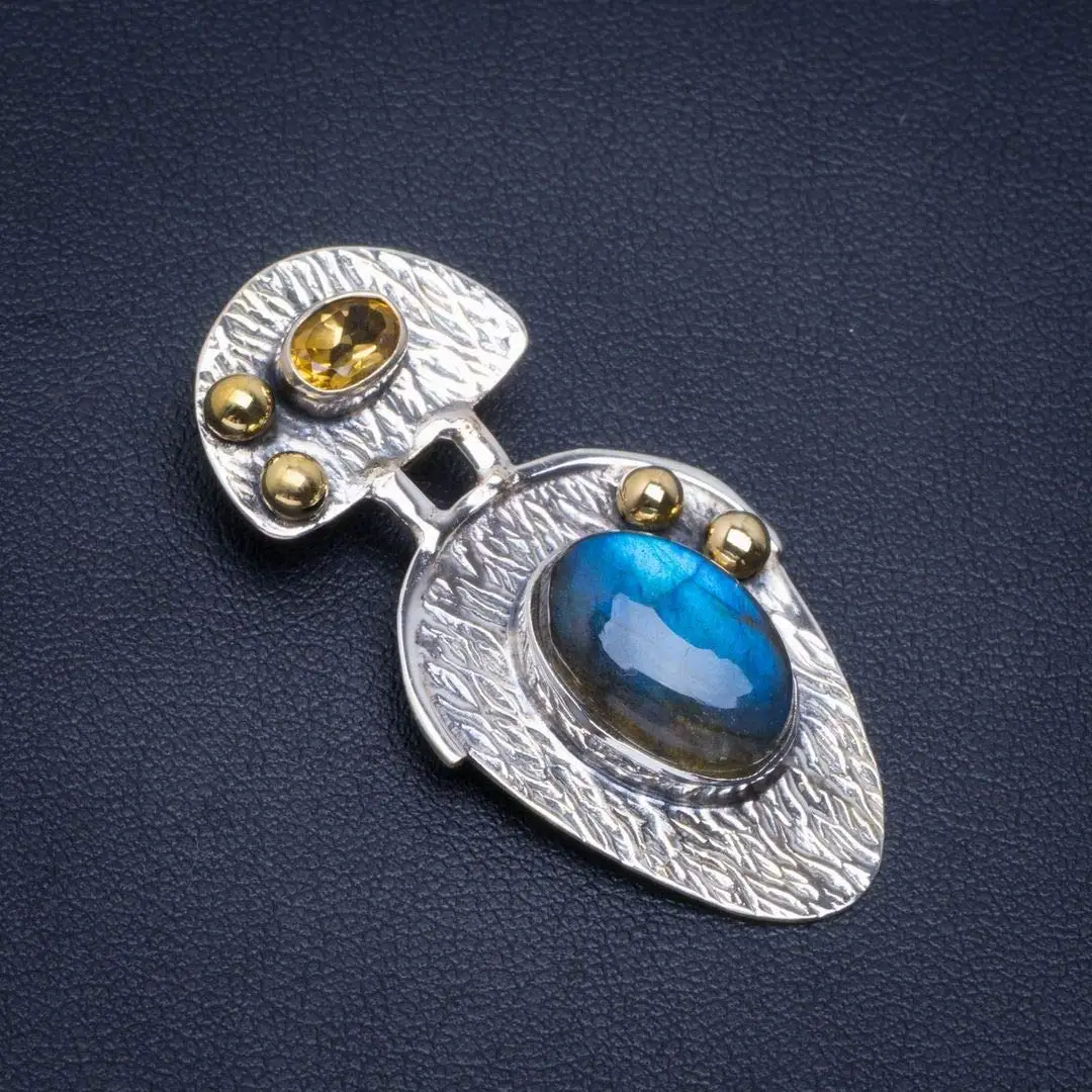 StarGems® Natural Two Tones Blue Fire Labradorite and Citrine 925 Sterling Silver Pendant 1.75