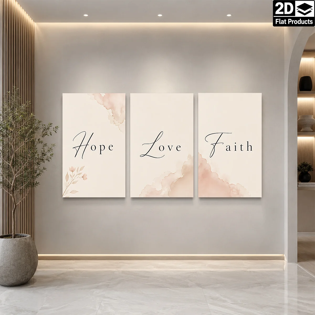 Frameless canvas 2D Flat 3PCS - Three panels with Hope Love Faith in cursive and soft watercolor designs Themed Canvas Wall A