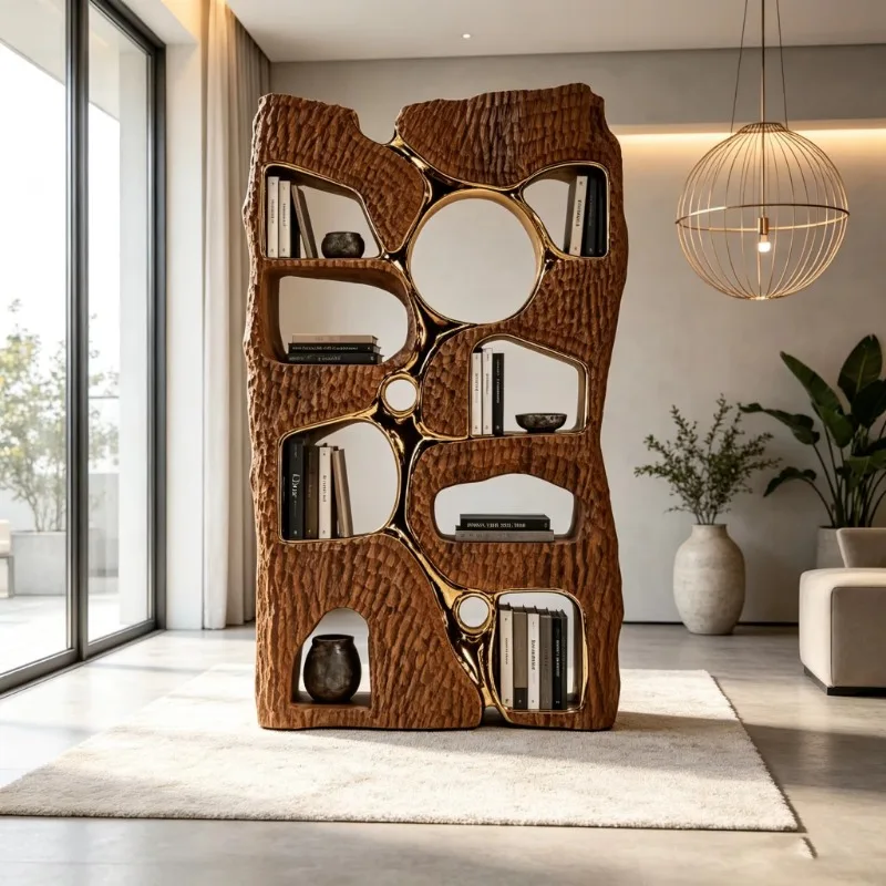Art sculpture bookshelf electroplated glass fiber frame wood grain display stand suitable for villa hotel living room decoration