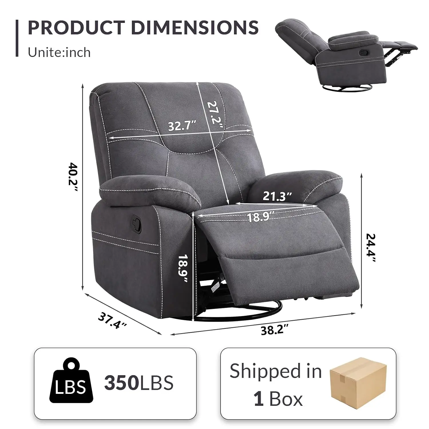 360° Swivel Rocker Recliner Chair for Adults, Oversized Manual Glider Recliners with Overstuffed Backrest,, Customized
