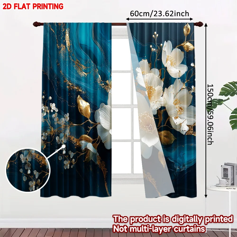 2pcs Blue Floral Curtains  Digital Printing, White Blossoms with Golden Centers on Navy Background for Elegant Bedroom Decor