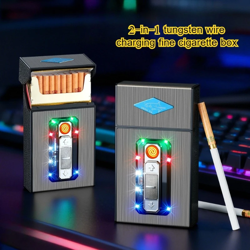New Outdoor Windproof Thick Tungsten Wire Cigarette Lighter Type-C Charging Cigarette Box Lighter Men's Business Gift