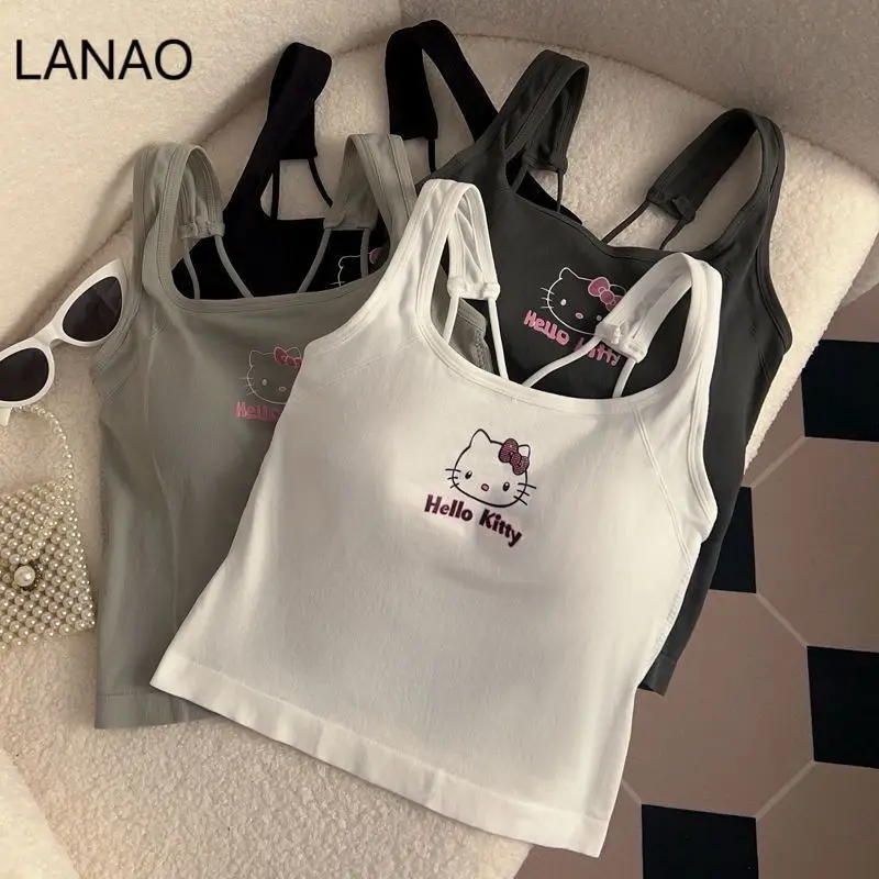 

Майка с принтом Kawaii Hello Kitty, женская майка с подкладкой, очень милый укороченный топ с мультяшным рисунком Sanrio для повседневной и неформальной носки.