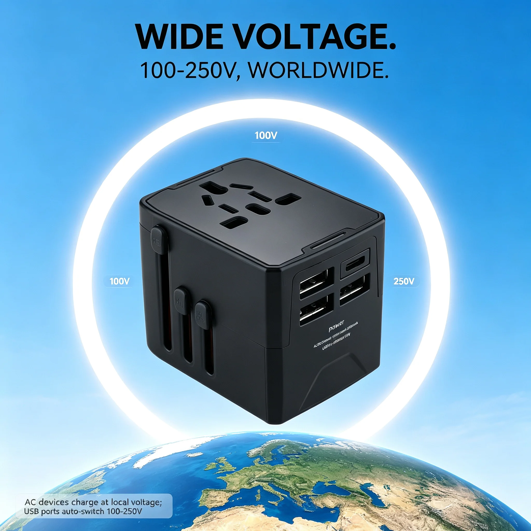 All-in-one Wall Charger Travel Adapter 6A US EU UK AU plug Travel Charger with 2 USB Port and 1 Type C Universal