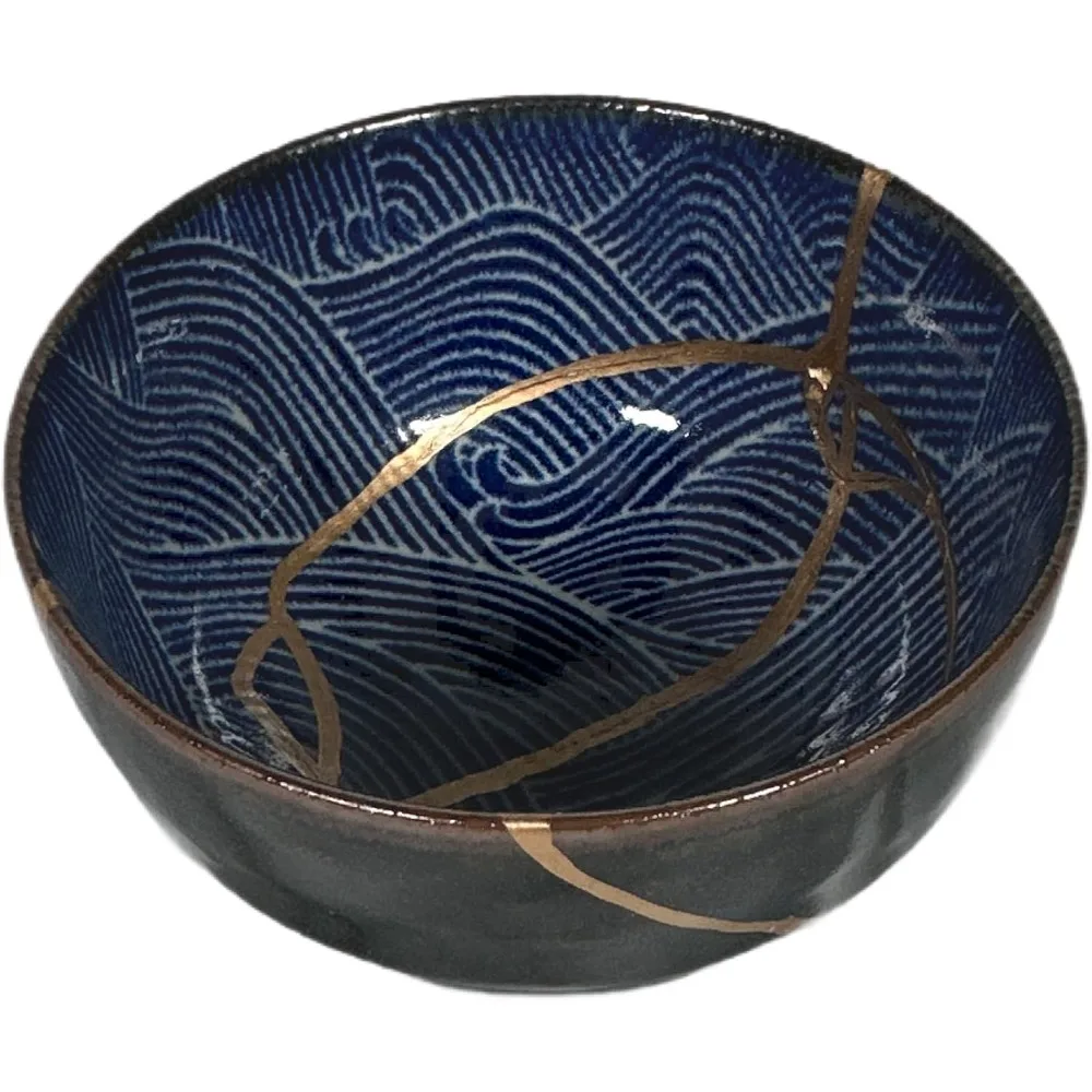 

Blue Wave Kintsugi Bowl with Gold Repair, Ceramic Art for Wellness and Reconnection, Japanese Pottery