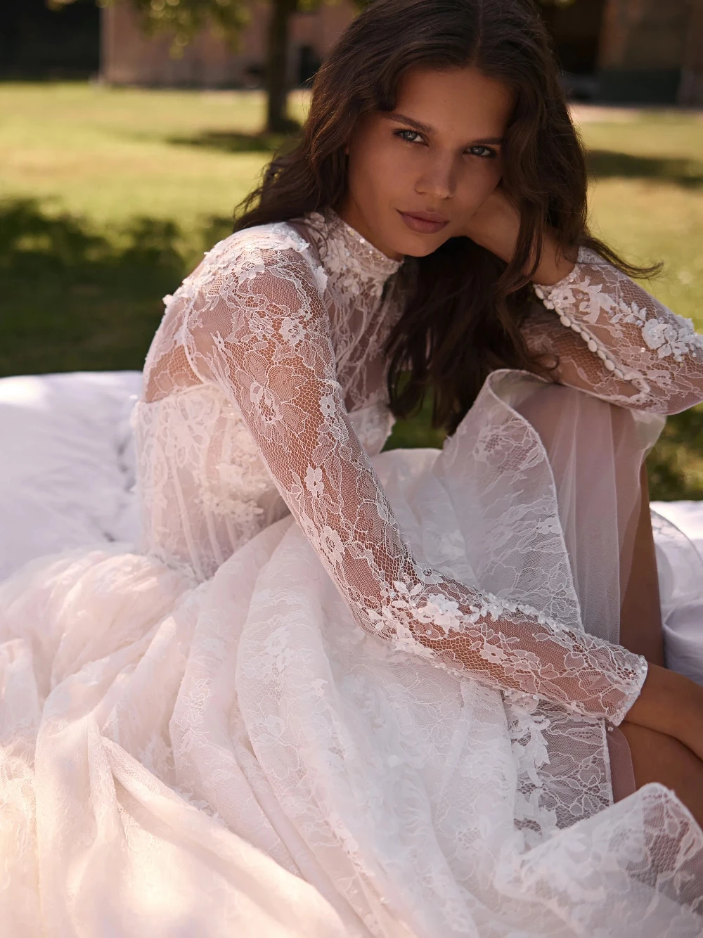 متواضع فستان الزفاف بأكمام طويلة رشيقة الدانتيل يزين تخصيص قطعتين شعبية ألف خط مشد ثوب الزفاف وصول جديد #2