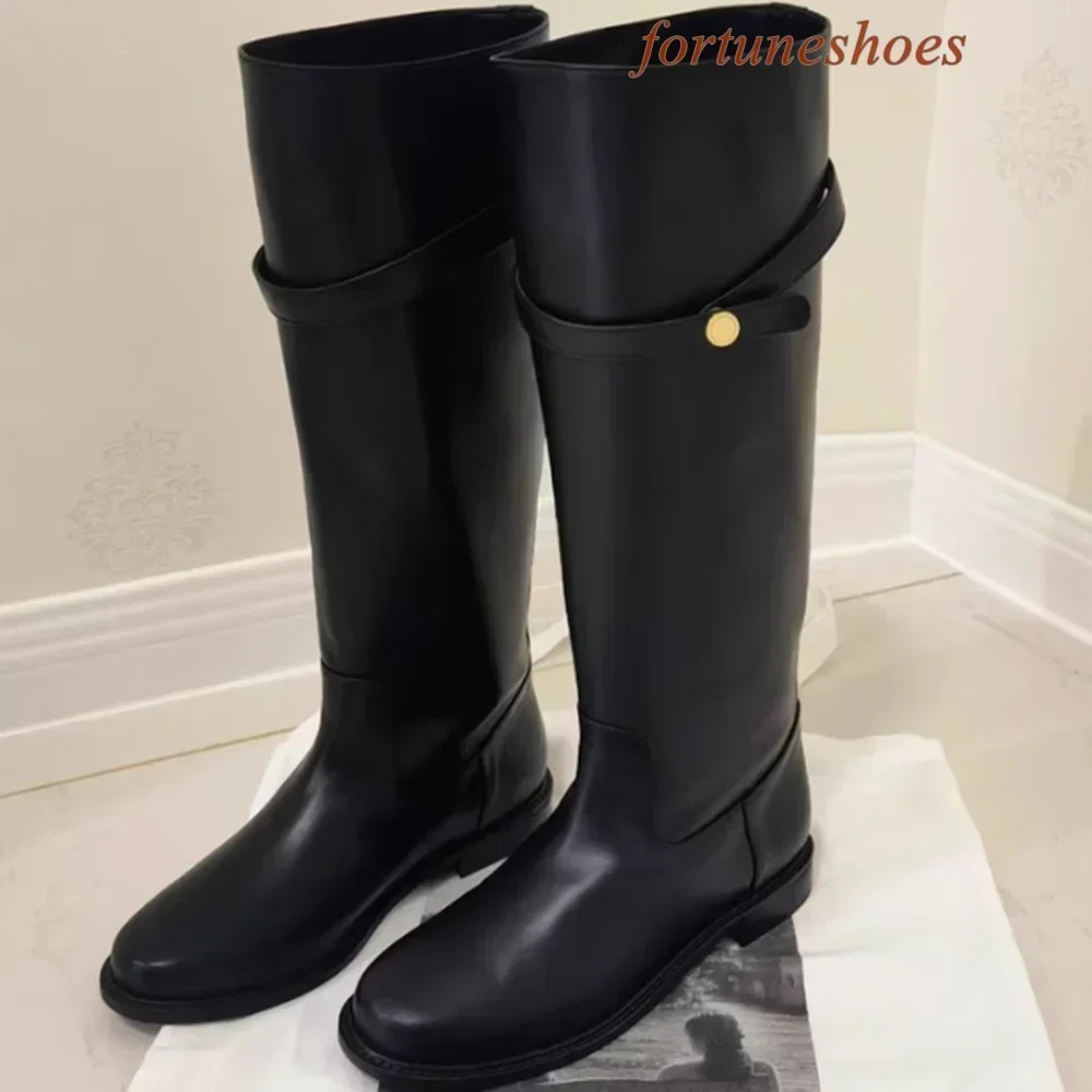 Botas sin cordones hasta la rodilla planas con botón dulce punta redonda botas negras sólidas para mujer moda pasarela 2024 nuevas llegadas botas de montar