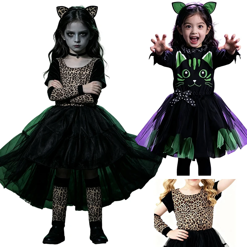 Kids Halloween Fancy Dress Costume Girls Cat Theme Tutu Outfit Cat Ear Head Accessory for Theme Party Carnival Role Play Show