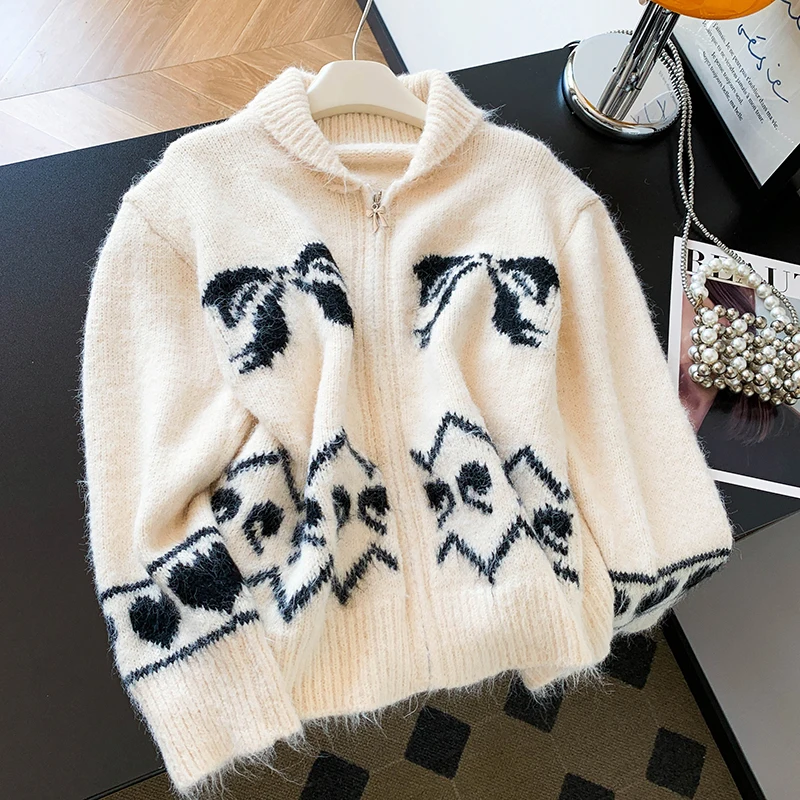 

Ladies Loose Fit Lazy Sle Sweater Autumn Outerwear Fluffy Texture Knit Korean Collar Coat Goods Alpaca Wool 00%