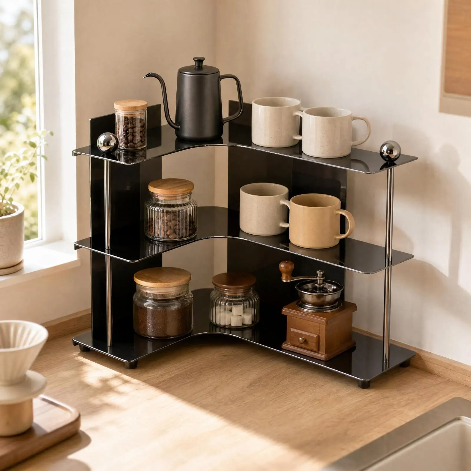 Stainless Steel Corner Shelf Unit for Kitchen Counter Organizer Rack with Multiple Tiers and Stability Foot Pads