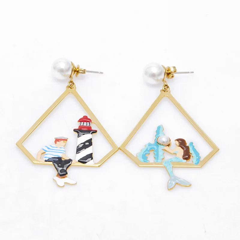 

Fashion Glass Pearl Hand-painted Enamel Lighthouse Little Prince Mermaid Geometric Triangle Charms Dangle Asymmetrical Earrings