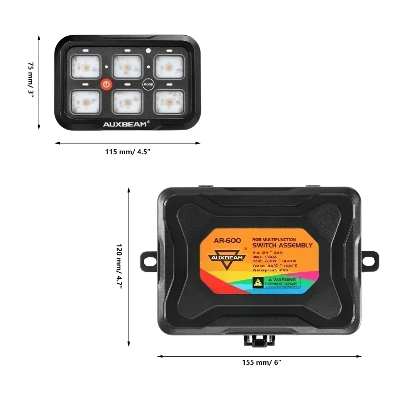 Auxbeam Universal AR-600 RGB 6 Gang Switch Panel with App Control (One-Sided Outlet) 60A Max Current DC 12-24V -40°C - +105°C