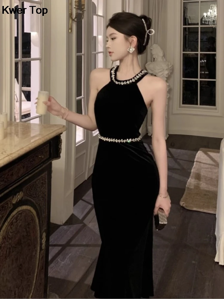 Woman Sexy Backless Bow Black Mermaid Dresses French Vintage Temperament Party Dress Ladies Chic Luxury Velvet Robe