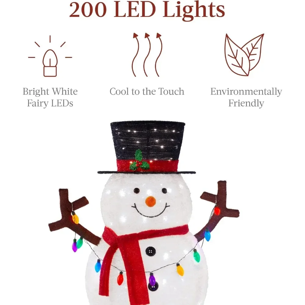 Dekorasi Natal sembul 5 kaki, hiasan liburan Natal luar ruangan warna putih besar dengan lampu LED 200 kaki, topi, syal, lampu warna-warni