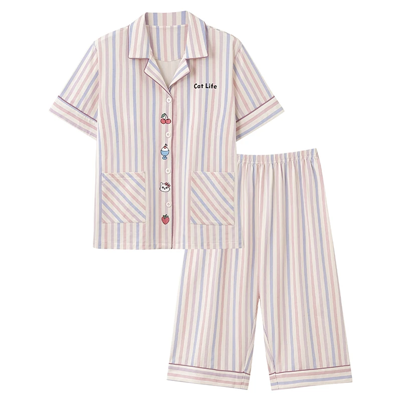 Conjuntos de Pijamas Femininos de Verão Tamanho Grande M-4XL com Manga Curta 100% Algodão Listrado para Uso em Casa com Gola Reversível