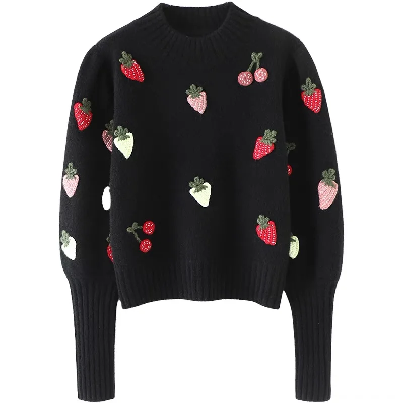 Strawberry Crochet Knit Sweater Pullover Women Half High Collar Long Sleeve Tops Knitwear 2024 Spring Stylish Fashion Chic Jumpe