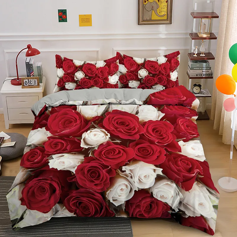 Red Rose King Queen Duvet Cover Romantic Flowers Bedding Set for Kids Teens Adults Girly 3D Floral Black Soft 2/3pcs Quilt Cover