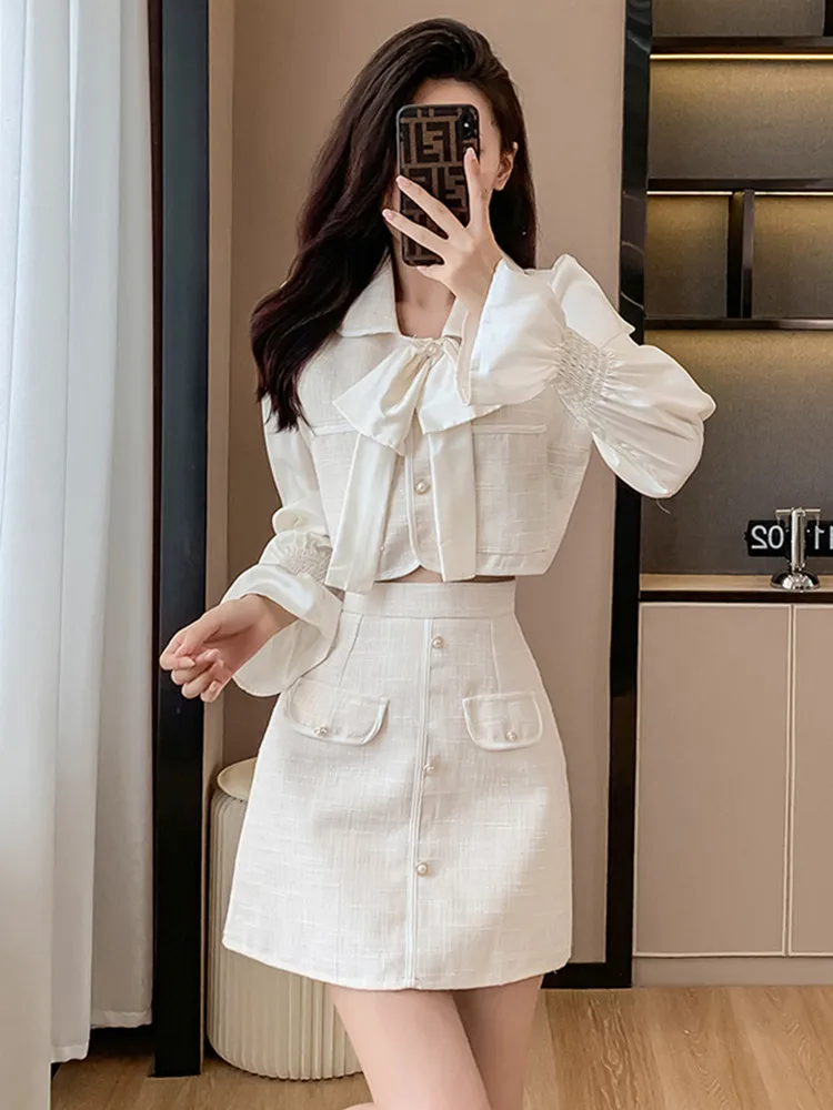 Fall New Two Piece Set Women Outfits Tweed Patchwork Flare sleeve Satin Shirt and Woolen A-line Skirt Suits ensembles de jupes