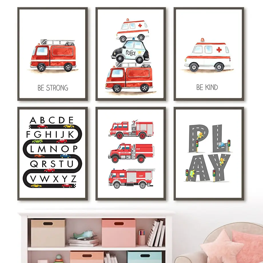 Kids Room Decor Alphabet Learning Vehicles Canvas Art  Fire Truck  Ambulance Nursery Wall Posters