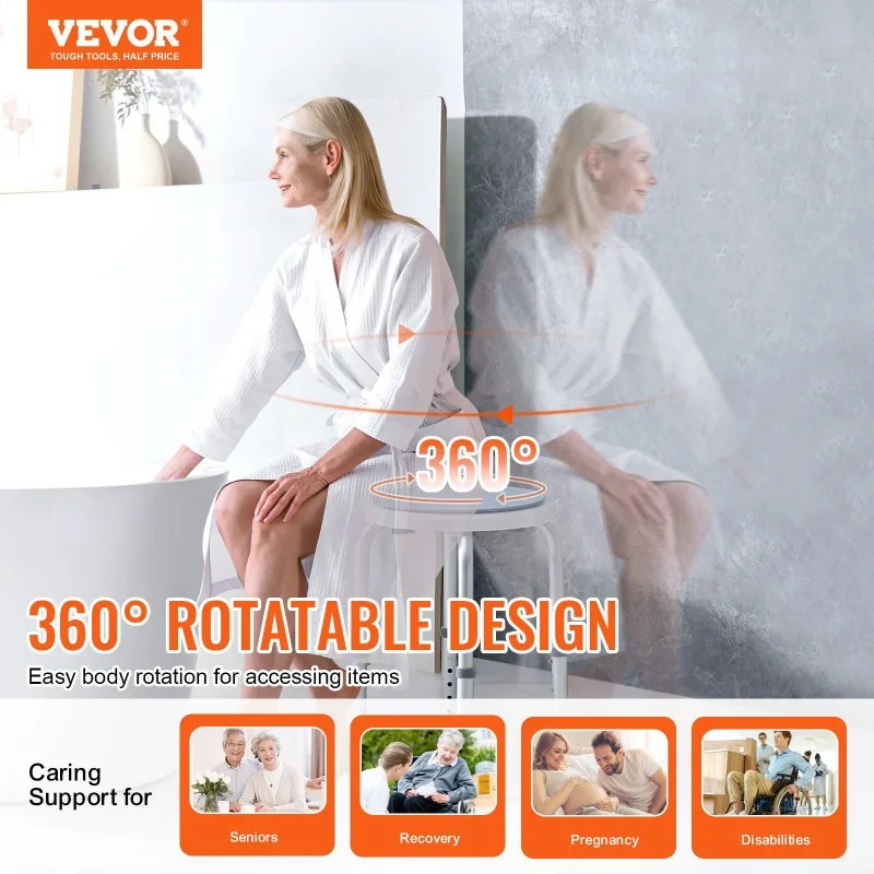 

360° Swivel Non-Slip Shower Chair Adjustable Height Shower Stool for Elderly & Disabled Adults