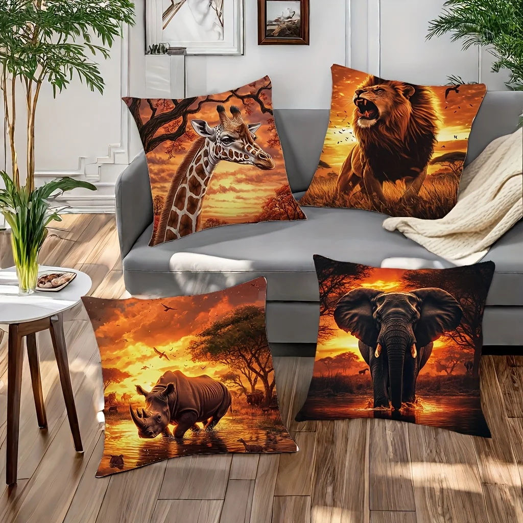 

4pcs African wildlife patterns double-sided Printed Short plush Suitable living rooms bedrooms sofas zippered closure