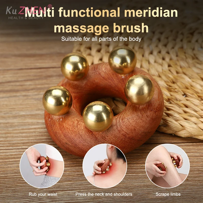 真鍮と木製のフェイシャルリフティングマッサージャー、刮痧、経絡頭皮コーム、トリガーポイントリンパドレナージュ、セルライトマッサージブラシ