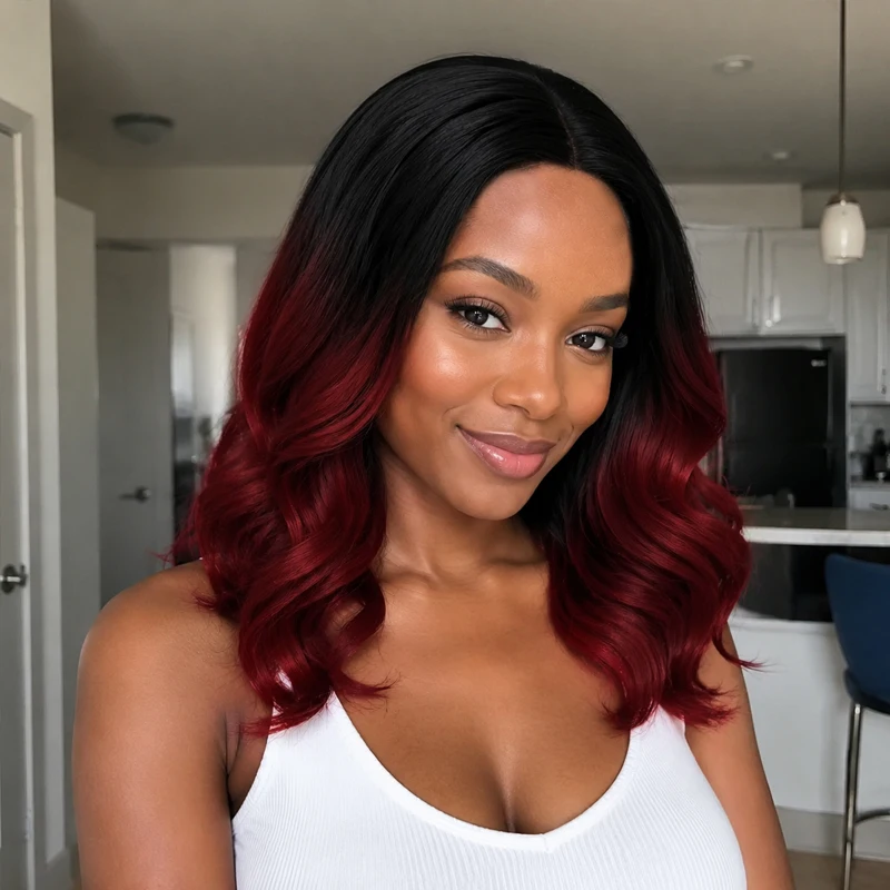 Trendy black and red gradient 16-inch synthetic wig, center parting, perfect for fashionable women's everyday street style.